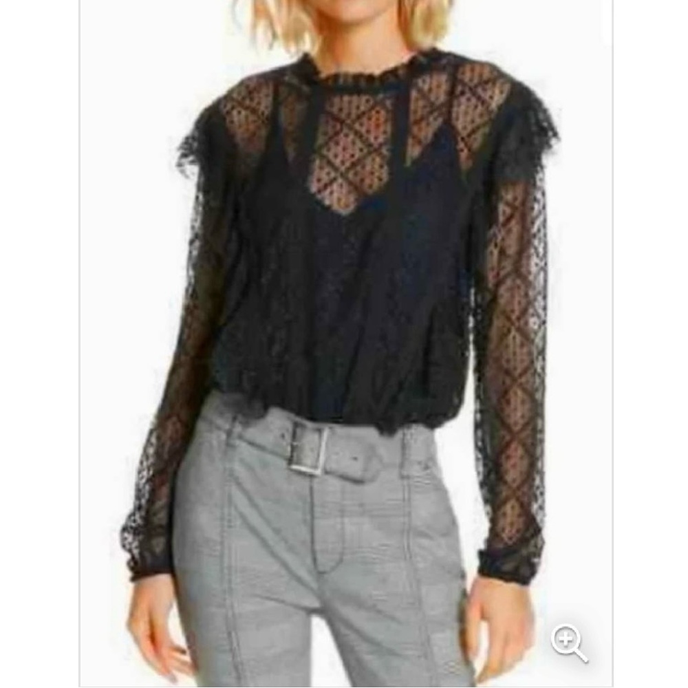 Free People Black Ruffle Lace Bodysuit, S. internal cami, sheer bottom. EUC